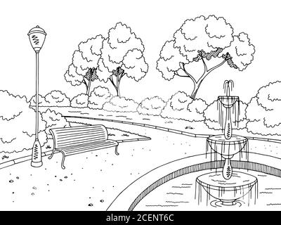 Park Brunnen Grafik schwarz weiß Landschaft Skizze Illustration Vektor Stock Vektor