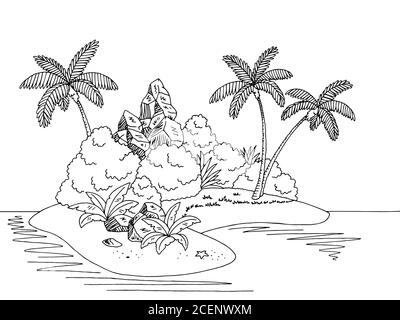 Insel Grafik schwarz weiß Landschaft Skizze Illustration Vektor Stock Vektor