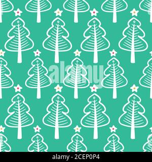 Weihnachtsbaum Muster Design Hintergrund. Cute saisonale Vektor nahtlose Wiederholung von Bäumen und Sternen. Stock Vektor