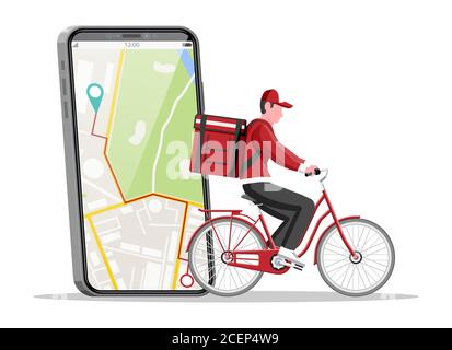 Smartphone mit App und Mann Fahrrad fahren mit der Box. Konzept der schnellen Lieferung in der Stadt. Männlicher Kurier mit Paketkasten auf dem Rücken mit Waren und Produkten. Cartoon flache Vektor-Illustration Stock Vektor