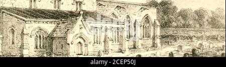 . Die Geschichte und Altertümer der Grafschaft Buckingham. %.T^ ^■^•>^ji.K^^%i-^i^.Jibi3i^^vt ^X>^V neu erstellt. Auf jeder Seite des Gebäudes, sind vier Fenster, Milh Doppelreihen von Zick-Zack und halbrunden Bögen. Am östlichen Ende des Chorals, drei Bögen interlaced, reich mit Zick-Zack-Skulpturen, und unterstützt von kreisförmigen Säulen in Paaren, die Mitte bildet ein Fenster der entsprechenden Größe mit dem Rest. Das westliche Ende des Kirchenschiffs lias drei große Bögen, versenkt und mit Formteilen bereichert, doppelte Säulen mit skulpturierten Kapitellen, Figuren und Laub; die alternativen Säulen spiralywraat Stockfoto