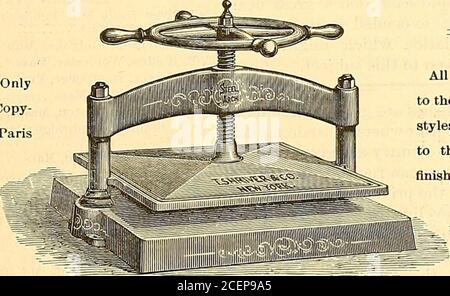 . Der amerikanische Stationer. Samples und Preislistenverstärker. Ouk Leading Sttles. ^ . „ ,. „^. No 39 Falcon No. 76 Swan No. 203 Legal Medium Stub No. 5T Commeicial No. 707 Bank Falcon No. 307 Broad Stub No. 49 Bank No. 405 Engrossing No. 103 E, im* No. 504 Beaded School Pen. New York Agent-WILLY WALLACH, No. 4 Beekman St. BALTIMORE AGENT: I&gt;. AV. GI.,A.SS & CO., 19 S. CHARLES ST. SHRIVERS NEW YORK KOPIERPRESSEN. Erhielt die OnlyMedal für Kopierpressen auf der ParibExposition von 1878.. Alle Größen, von smallestto die größte im Einsatz. Allstyles, vom niedrigsten Preis bis zum ausführlichsten Stockfoto
