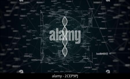 3d-Illustration von DNA im digitalen Rauschen, abstrakte zukünftige Wissenschaft Illustration von DNA in Kugel und Würfel umgeben von verbundenen Hash-Codes Stockfoto