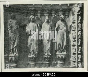 . Kunst in Frankreich. ABB. 143. -PFLANZENORNAMENT DES CATHEDRALOF REIMS.. FJG. 144. – HEILIGER REMI UNTER DER LEITUNG VON ENGELN.WESTFRONT DER KATHEDRALE VON REIMS. (Foto. Nenrdein.) 71 KUNST IN FRANKREICH Stockfoto