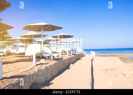 Sonniger Strand mit wundervoller Sandküste und Blick auf das Meer. Stockfoto