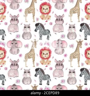 Nahtlose Safari-Muster von Tieren und Blumen auf weißem Hintergrund. Aquarell Illustration eines Kindes Design Giraffe Zebra Elefant Hippo Rhino Stockfoto