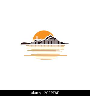 Vintage Berg Embleme mit Sonnenaufgang und See. Flaches Design-Emblem für Element-Design. Vektorgrafik EPS.8 EPS.10 Stock Vektor