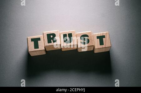 Vertrauen Sie Wort geschrieben auf Holzwürfel Stockfoto