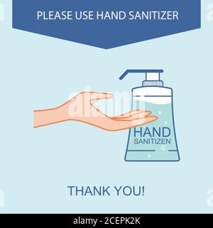 Verwenden Sie ein Handdesinfektionsmittel. Unterzeichnen Sie die Hände des Desinfektionsmittels. Stock Vektor