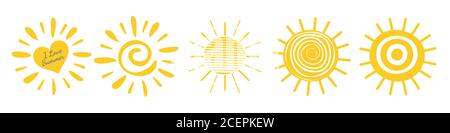 Sun Icon Set, gelbe Farbe. Spaß Doodle in flachen Stil. Stock Vektor
