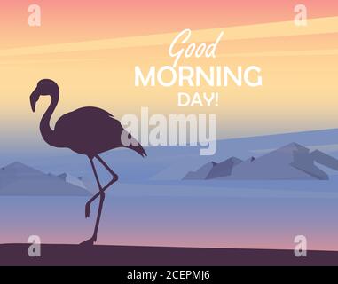 Silhouette von Flamingo Sonnenuntergang oder Sonnenaufgang, Berglandschaft. Good Morning Day Konzept. Wunderschöne Aussicht bei Sonnenaufgang. Vektorgrafik Stock Vektor