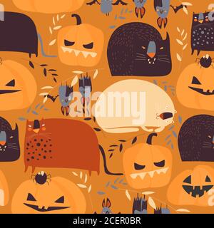 Nahtloses Muster mit Kürbissen und Katzen auf orangefarbenem Hintergrund Stock Vektor