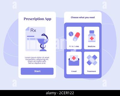 Verschreibungspflichtige App Pille Tablette Medizin E-Mail-Behandlung für mobile Apps Vorlage Bannerseite UI mit drei Variationen moderne flache Farbe Stil Stock Vektor