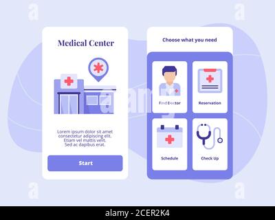 Medizinisches Zentrum finden Arzt Reservierung Zeitplan Check up für mobile Apps Vorlage Banner-Seite UI mit zwei Variationen modernen flachen Farbstil. Stock Vektor