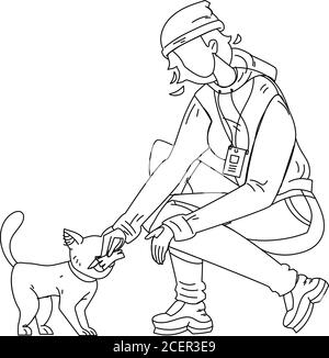 Frau Freiwilliger Futter Obdachlose Katze Vektor Illustration Stock Vektor