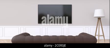 Leerer TV-Bildschirm vor einem 3D-Rendering des Tisches Stockfoto