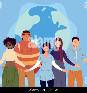 Frauen und Männer Cartoons vor Welt Sphäre Design, Vielfalt Menschen multikulturelle Freunde und multiethnischen Thema Vektor-Illustration Stock Vektor