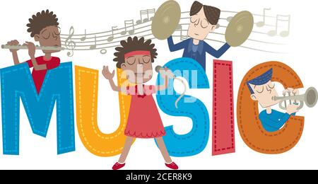 Retro-Stil Illustration mit einer Gruppe von Kindern spielen verschiedene Musikinstrumente zwischen den Buchstaben des Wortes Musik. Stock Vektor