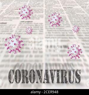 Coronavirus Covid-19 Nachrichten. Zeitung mit Schlagzeile mit fliegendem Virus. Alte Zeitungen Hintergrund. Texturen für veraltete Nachrichtenseiten. Grau weiß schwarz Papier colla Stockfoto