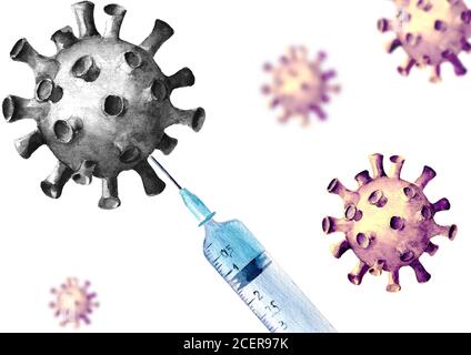 Medizinische Spritze aus wasserfarbigem Kunststoff mit Coronavirus COVID-19-Impfstoff auf weißem Hintergrund isoliert. Handgezeichnete Aquarellillustration. Konzept von Stockfoto