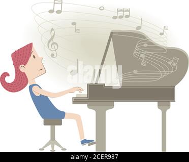 Retro-Stil Illustration eines kleinen Mädchens spielt das Klavier auf einem Hintergrund mit Noten. Stock Vektor