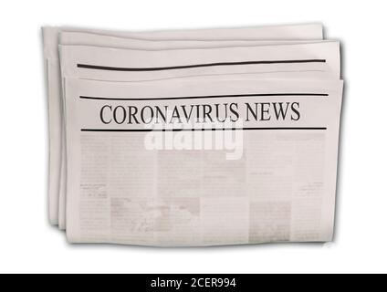 Coronavirus Covid-19 Nachrichten. Zeitungen mit Überschriften auf horizontaler Fläche. Hintergrund der alten Zeitung. Texturen für veraltete Nachrichtenseiten. Grauweißes schwarzes Papier Stockfoto