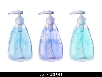 Aquarell-Satz voller Flaschen isoliert auf weißem Hintergrund. Aquarell handgezeichnete Illustration. Vorlage Mockup realistische Plastikflasche. Transparent Stockfoto