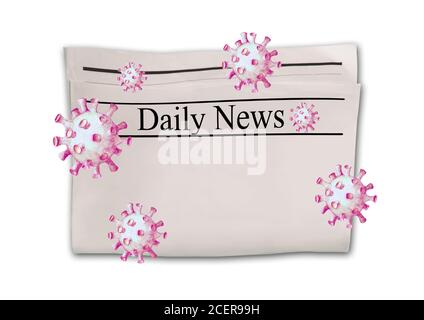 Mockup von Coronavirus Covid-19 Daily News. Zeitung leer mit Schlagzeile mit fliegenden Virus auf weiß. Zeitungshintergrund. Texturen für veraltete Nachrichtenseiten. G Stockfoto