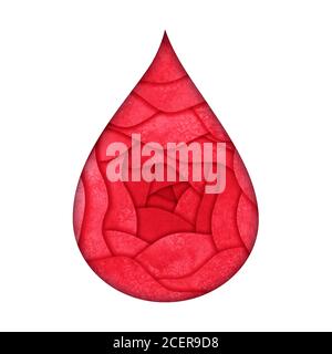 Bluttropfen Form Papier geschnitten 3d-Stil. Aquarell handbemaltes rotes Symbol. Aquarell World Blood Donor Day Konzept Banner Hintergrund Illustration. 14 Stockfoto