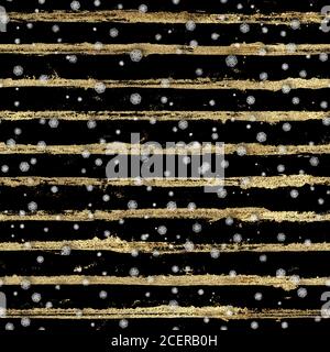 Weihnachtliche Gold Nahtloses Muster. Weiße Schneeflocken auf goldenem Glitzer Grunge Streifen schwarzem Hintergrund. Winter Hand Farbe gestreiften Schnee Textur. Neujahr Stockfoto