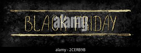 Schwarzer Freitag Verkauf Glitzer Hintergrund. Goldglänzender, glitzernder, handgezeichneter Schriftzug auf schwarzer Aquarellstruktur. Aquarell horizontale Abbildung. Sal Stockfoto