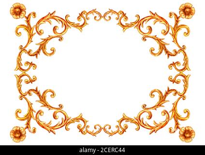 Elemente im Barockstil. Aquarell handgezeichnet vintage Gravur floral scroll filigrane Design Rahmen. Goldene orientalische Damast Locken und Blumen collecti Stockfoto