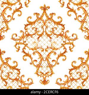 Barocke goldene Elemente ornamentales Nahtmuster. Aquarell handgezeichnete Gold-Textur auf weißem Hintergrund. Aquarell Vintage Design Print für fabr Stockfoto