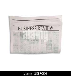 Mockup von Business Review Zeitung leer mit unlesbaren Text und Bilder. Isoliert auf weißem Hintergrund. Nachrichtenpapier mit Schlagzeile. Vintage alt grau sein Stockfoto