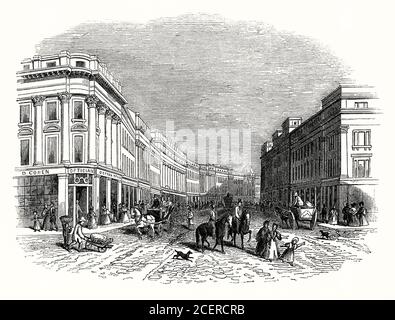 Eine alte Gravur einer belebten Straßenszene auf Gray Street, Newcastle upon Tyne (allgemein bekannt als Newcastle), Tyne and Wear, England, Großbritannien während der viktorianischen Zeit. Grainger Town ist das historische Herz von Newcastle mit klassischen Straßen, die von Richard Grainger, einem Baumeister und Entwickler, zwischen 1824 und 1841 gebaut wurden. Einige der schönsten Gebäude und Straßen Newcastles liegen innerhalb der Grainger Town Gegend einschließlich Gray Street und Grainger Street und die Architektur wird als "Tyneside Classical" Architektur bezeichnet. Stockfoto