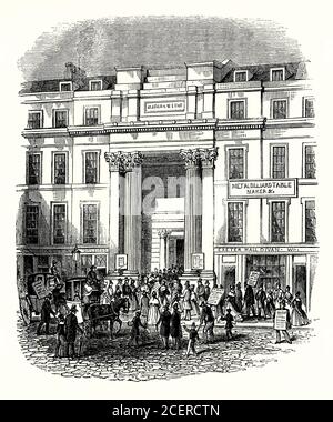 Ein alter Stich von Exeter Hall, The Strand, London, England, UK c. 1840. Es wurde zwischen 1829 und 1831 auf dem Gelände der Exeter Exchange errichtet. Im Auditorium des Hauptsaals konnten mehr als 4,000 Personen Platz finden. In der Exeter Hall fanden religiöse und philanthropische Treffen statt. Hier fanden die Treffen der Anti-Sklaverei-Gesellschaft statt, und die Worte ‘Exeter Hall’ wurden zum Synonym für die Anti-Sklaverei-Lobby. Es wurde zum Hauptsitz von YMCA (gegründet 1844). Exeter Hall wurde 1907 von YMCA an die J. Lyons & Co verkauft. Das Gebäude wurde abgerissen und das Strand Palace Hotel wurde an seiner Stelle errichtet, 1909 eröffnet. Stockfoto