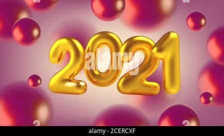 Frohes neues Jahr. 3D realistische goldene Inschrift Ballon 2021. Abstrakte Illustration mit rosa und roten Kugeln. Goldener Metallic-Text für Bannerdesign. Stock Vektor