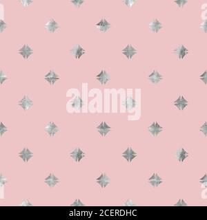 Abstraktes geometrisches Silber- und Rosa-Nahtmuster. Grau glitzernde Luxus-Textur auf hellrosa Hintergrund. Druck für Textil, Tapete, Verpackung, Stockfoto