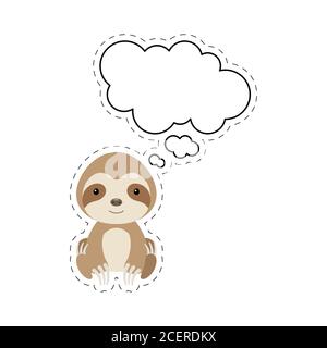 Niedliche Cartoon Faultier mit Rede Blase Aufkleber. Kawaii-Zeichen auf weißem Hintergrund. Cartoon sitzende Tier Postkarte Cliparts für Geburtstag, Baby-Dusche Stock Vektor