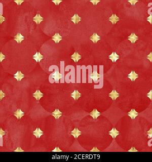 Abstrakter Aquarellhintergrund mit leuchtend roten Kreisen. Aquarell handgezeichnetes Nahtloses Muster mit goldenen geometrischen Formen. Goldene luxuriöse Textur. Pr Stockfoto