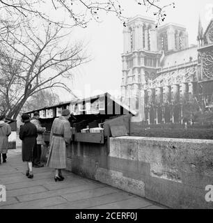 1950s, Paris, Frankreich, Menschen, die durch die "Buchkisten" der "Les Bouquinistes" schauen, die kleinen Buchhändler von gebrauchten und antiquarischen Büchern am Flussufer der seine, gegenüber der Kathedrale Notre Dame. Der Begriff Bouquiniste stammt aus dem Jahr 1752 und bezieht sich auf diejenigen, die 'alte Bücher oder Bouquins' verkaufen. Stockfoto