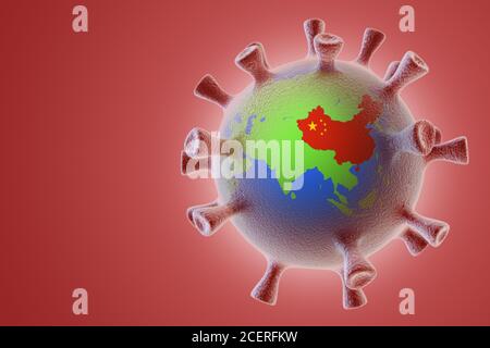 Die Ausbreitung des Virus auf dem Planeten. Collage aus 3d-Virus und 3d-Globus. Corona-Virus-Konzept Stockfoto