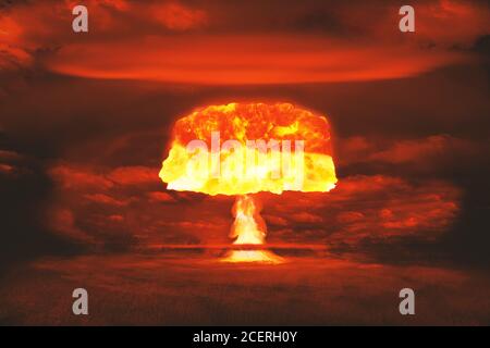 Atombombe realistische Explosion, rote Farbe mit Rauch, schwaches Bild Stockfoto