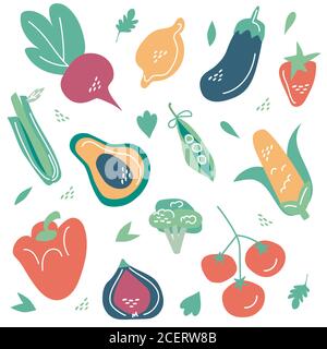 Set von handgezeichneten Gemüse, Obst und Beeren. Tomaten, Avocado, Zitrone, Brokkoli, Mais, Pfeffer, Erdbeere, Auberginen. Vegetarisch, Bio gesund fo Stockfoto