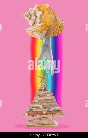 Collage moderner Kunst. Zwei Muscheln auf einem rosa Hintergrund, verbunden durch einen Regenbogen, in dem sich die Palme befindet. Stockfoto