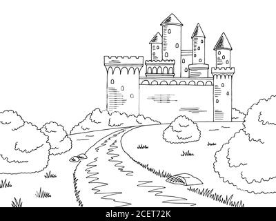 Burg Straße Grafik schwarz weiß Landschaft Skizze Illustration Vektor Stock Vektor