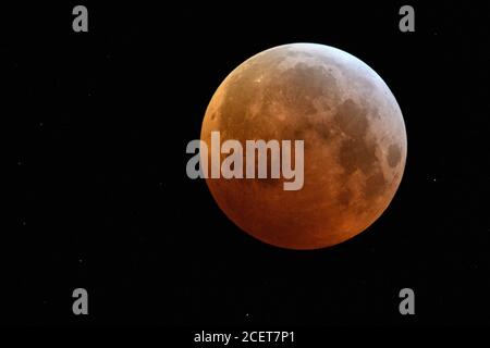 Eclipse der super Mond, Mondfinsternis, Rot supermoon, Blut Mond/Blutmond, rot orange Vollmond mit funkelnden Sternen am Januar 21, 2019, Deutschland Stockfoto