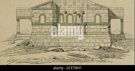 . L'architecture romane. PjQ^ ^I. ÉGLISE DE BA Q.0 UZA (SYRIE CENTRALE). (Coupé längs. Le chevet, avec ses Plans fermement accusés et I. Melchior de Vogué, la Syrie centrale. ORIGINES DE LARCHITECTURE ROMANE. Hi son magnifique appareil, est dun sentiment tout an-tique. Les Dessins (Abb. 41 et 42) unterstellt Tedifice recon-stitué avec la plus scrupuleuse Exactitude daprès lesdébris existant tout entiers. La nef est formée par deux rangées de colonnes, de. ABB., ^ 2. TCLISE DE BAQ^OUZA (: (Abside.) YRIE centrale), Proportionen Antiquitäten, portant des arcs plein cintre, non extradossés et sans Stockfoto