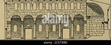 . L'architecture romane. FI G. 40. ÉGLISE DE SAQ^OUZA (Syrie centrale). (Pian) i (=1 cziD [=1 cm nu 1=1 [=11=1 ^ ( m^js^mmsmMmmÊ. ^.^:^..^^^wn^. PjQ^ ^I. ÉGLISE DE BA Q.0 UZA (SYRIE CENTRALE). (Coupé längs. Le chevet, avec ses Plans fermement accusés et I. Melchior de Vogué, la Syrie centrale. ORIGINES DE LARCHITECTURE ROMANE. Hi son magnifique appareil, est dun sentiment tout an-tique. Les Dessins (Abb. 41 et 42) unterstellt Tedifice recon-stitué avec la plus scrupuleuse Exactitude daprès lesdébris existant tout entiers. La nef est formée par deux rangées de colonnes, de Stockfoto