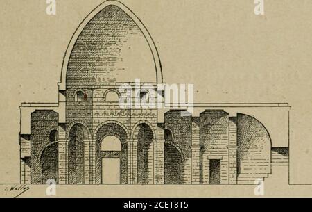 . L'architecture romane. (Pkn.) I. Melchior de Vogué, la Syrie centrale. ORIGINES DE LARCHITECTURE ROMANE. 79 sanctuaire sont couverts en dalles posées sur les mursou sur les arcs, et dont la portée est diminuée par unecorniche courante (Abb. L 40, S. Au Fond de Tabside régnent trois rangs de gradinsen hémicycle destinés aux sièges du clergé ; Pautel estplacé dans la première travée du sanctuaire qui com-munique par une porte avec la sacristie réservée ; la. ABB., 39. BAPTISTÈRE DE SAINT-GEORGES D EZRA (SYRIE CENTRALE). (Couc longitudinale.) seconde sacristie est, au contraire, accessible aupubli Stockfoto